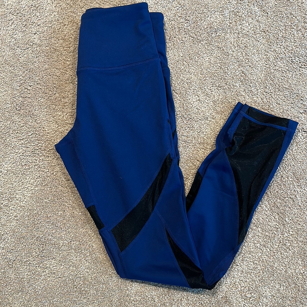 NWT Zella High Waist Blue Compression Leggings with Black Sheer Panels Size S